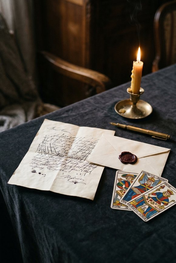 Lettre manuscrite, enveloppe cachetée à la cire et cartes du tarot de Marseille à la lueur d&rsquo;une bougie