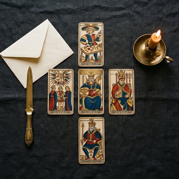 Tirage en croix du tarot de Marseille, enveloppe ouverte et bougie